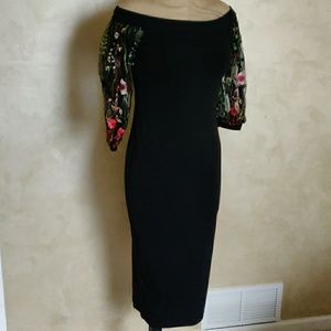 Black pencil dress with embroidered sleeves, large